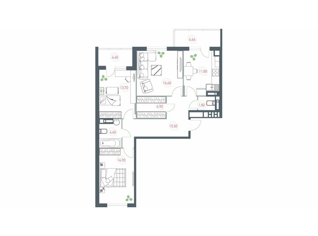 ЖК Озерний гай Гатне: планування 3-кімнатної квартири 92.44 м²