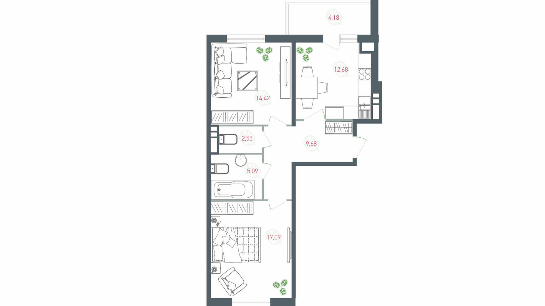 Планировка 2-комнатной квартиры в ЖК Озерный гай Гатное 65.69 м², фото 203790