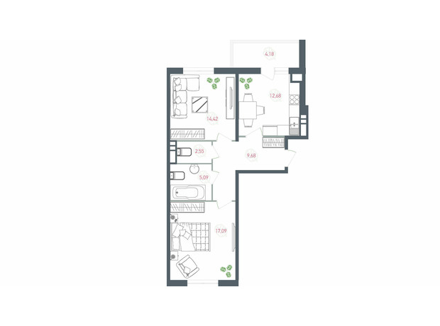 ЖК Озерный гай Гатное: планировка 2-комнатной квартиры 65.69 м²