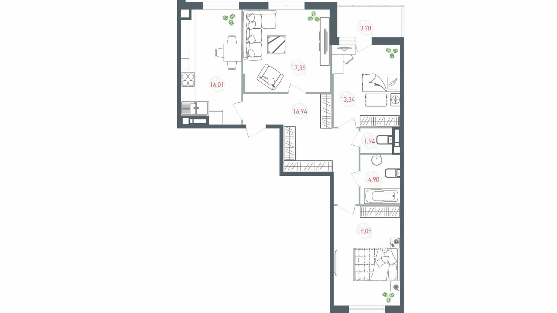 Планування 3-кімнатної квартири в ЖК Озерний гай Гатне 90.23 м², фото 203802