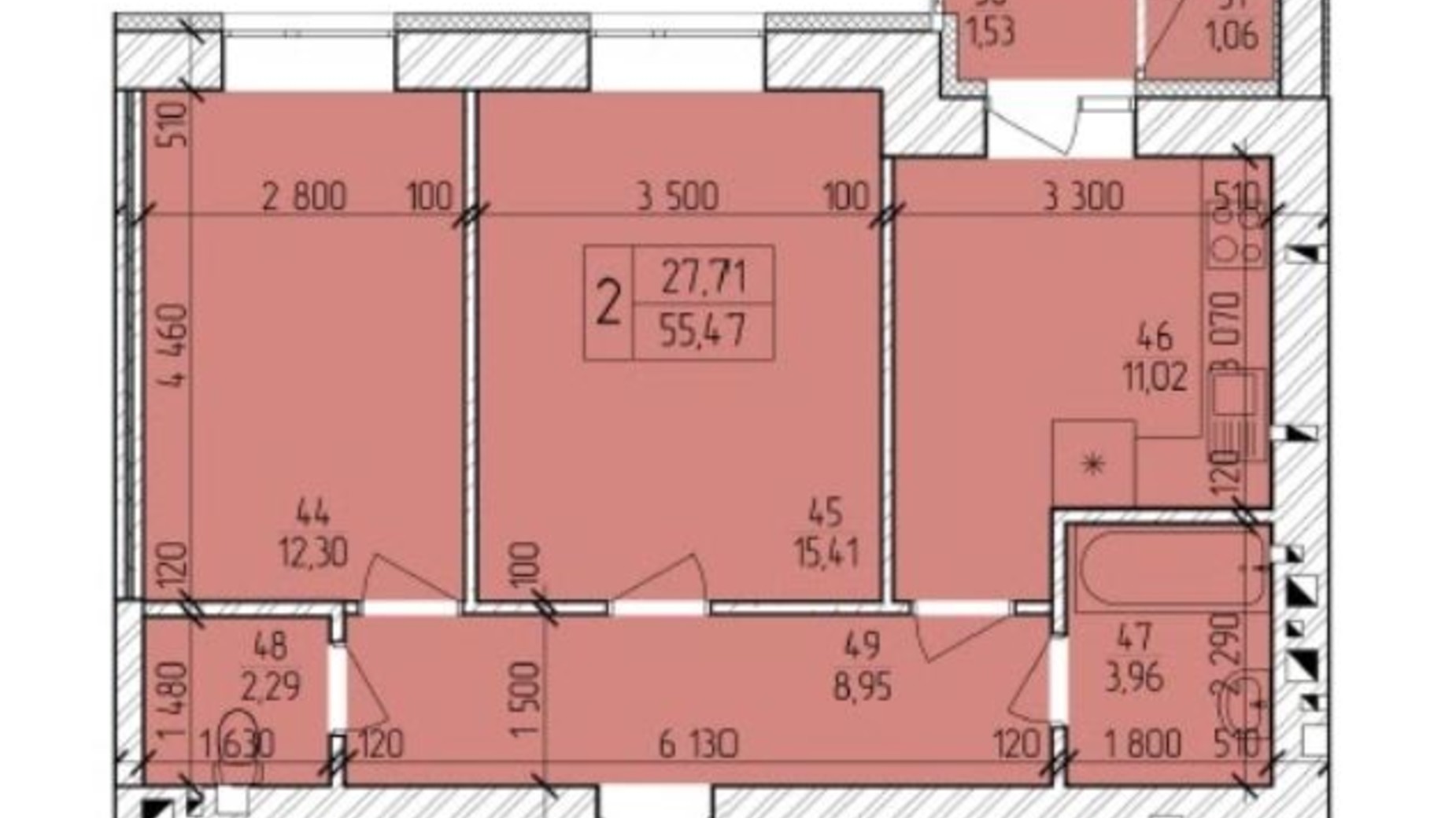 Планування 2-кімнатної квартири в ЖК Ранкове Family 55.47 м², фото 203822