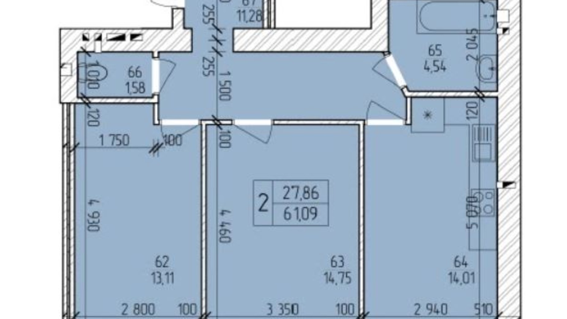 Планування 2-кімнатної квартири в ЖК Ранкове Family 62.9 м², фото 203826