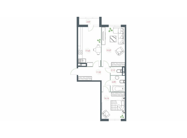 ЖК Озерный гай Гатное: планировка 2-комнатной квартиры 73.24 м²