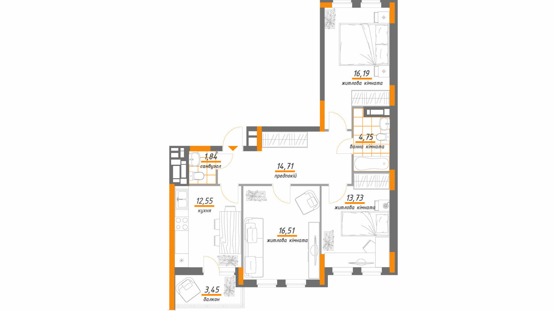 Планування 3-кімнатної квартири в ЖК Нивки-Парк 83.73 м², фото 203918