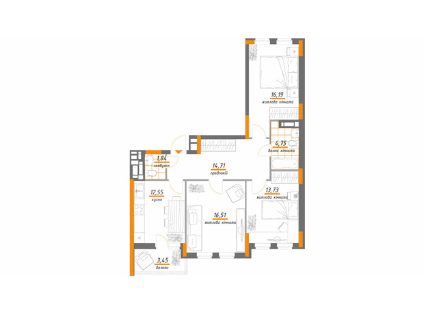 ЖК Нивки-Парк: планування 3-кімнатної квартири 83.73 м²