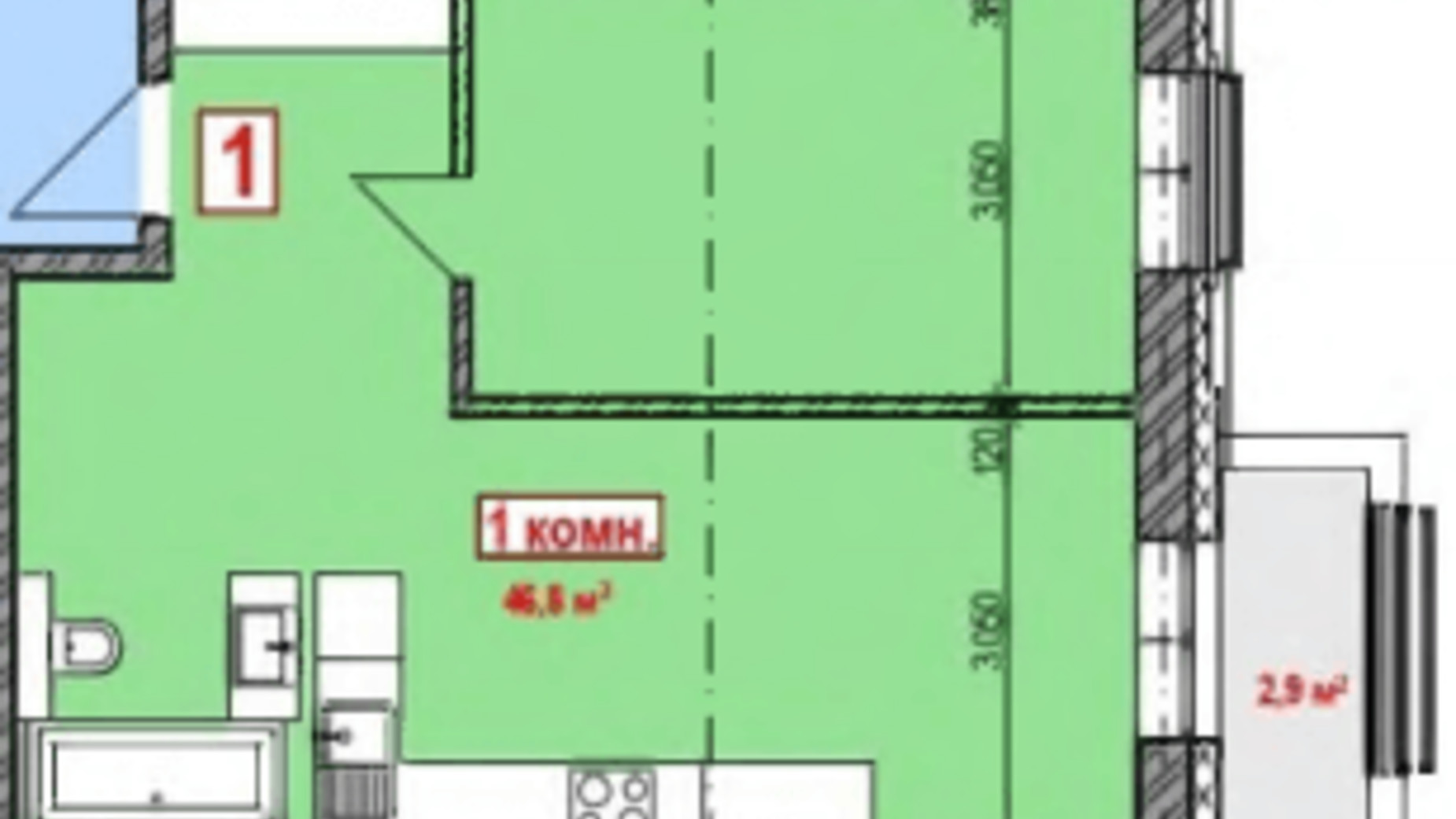 Планировка 1-комнатной квартиры в ЖК Club City 48.25 м², фото 203946