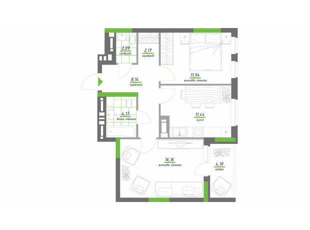 ЖК Нивки-Парк: планування 2-кімнатної квартири 60.21 м²