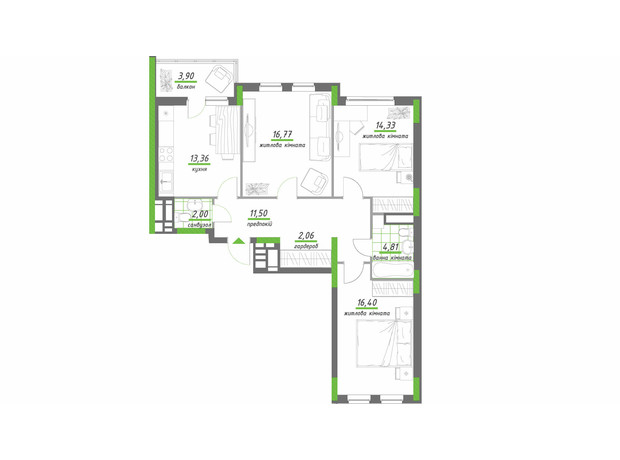 ЖК Нивки-Парк: планування 3-кімнатної квартири 84.32 м²