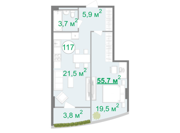 БФК Intergal City: планування 1-кімнатної квартири 45.7 м²