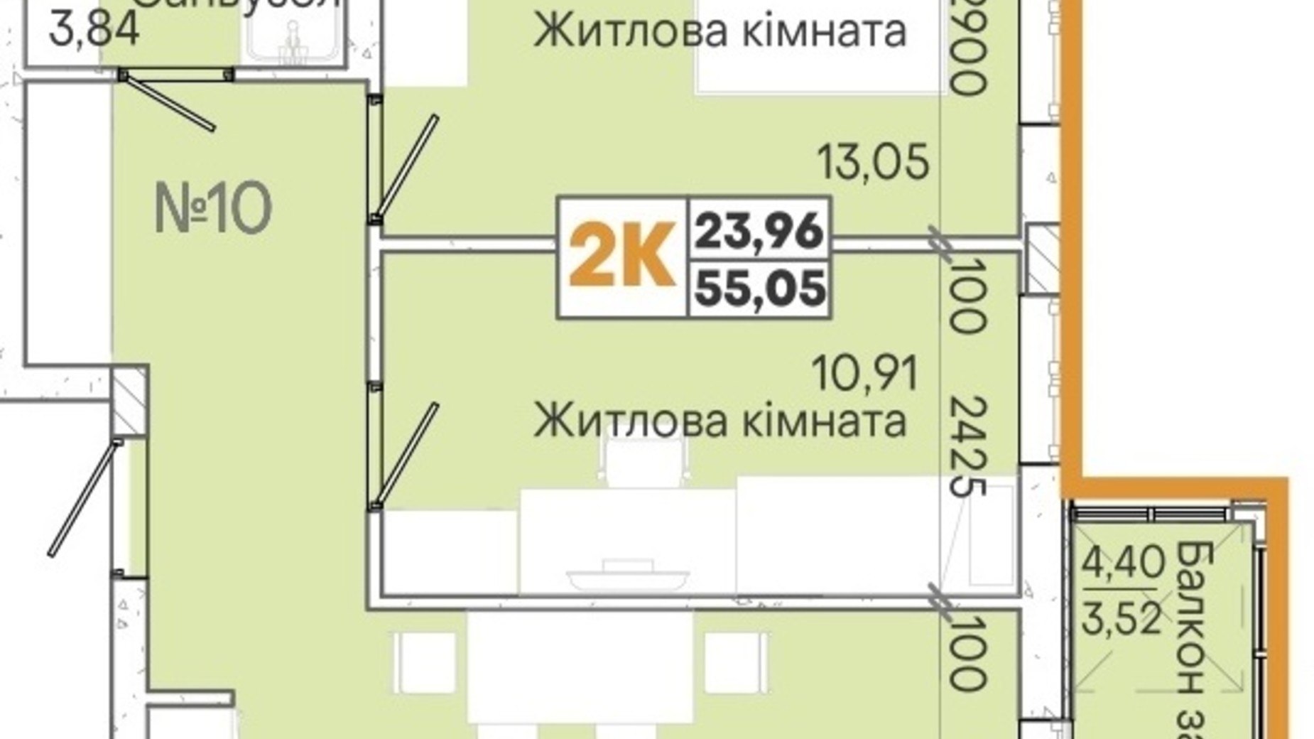 Планування 2-кімнатної квартири в ЖК Акварель 7 55.19 м², фото 204120