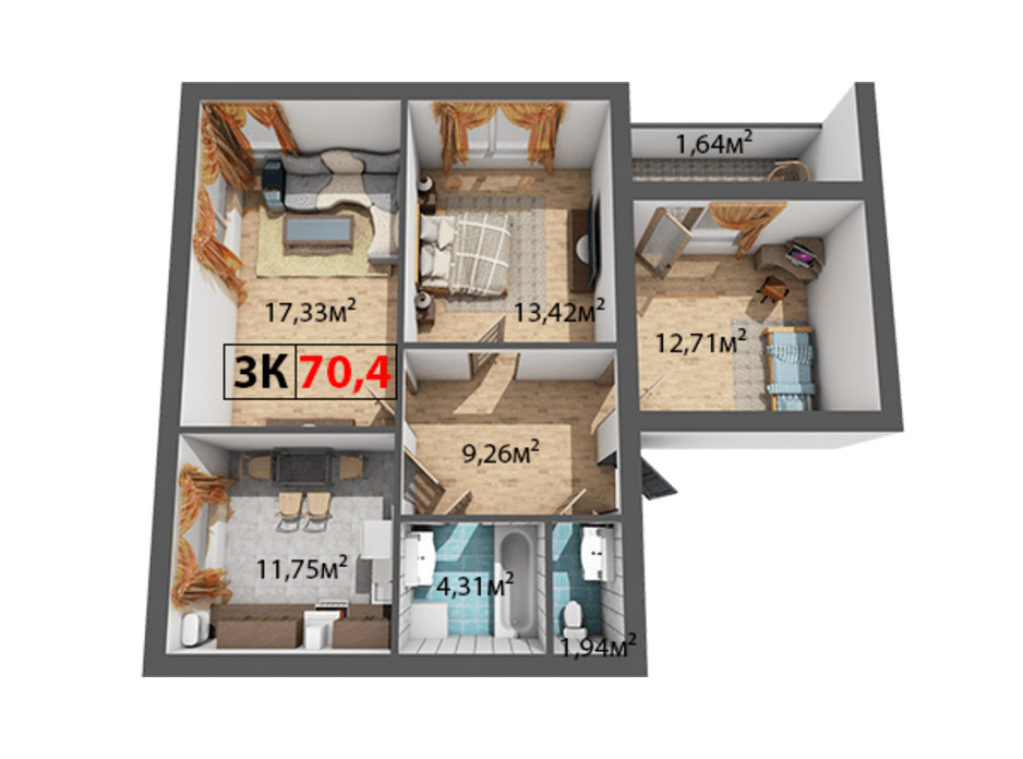Планування 3-кімнатної квартири в ЖК Стожари 70.4 м², фото 204375 Планування 3-кімнатної квартири в ЖК Стожари 70.4 м², фото 204375