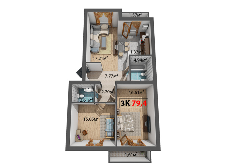 Планування 3-кімнатної квартири в ЖК Стожари 79.4 м², фото 204376 Планування 3-кімнатної квартири в ЖК Стожари 79.4 м², фото 204376