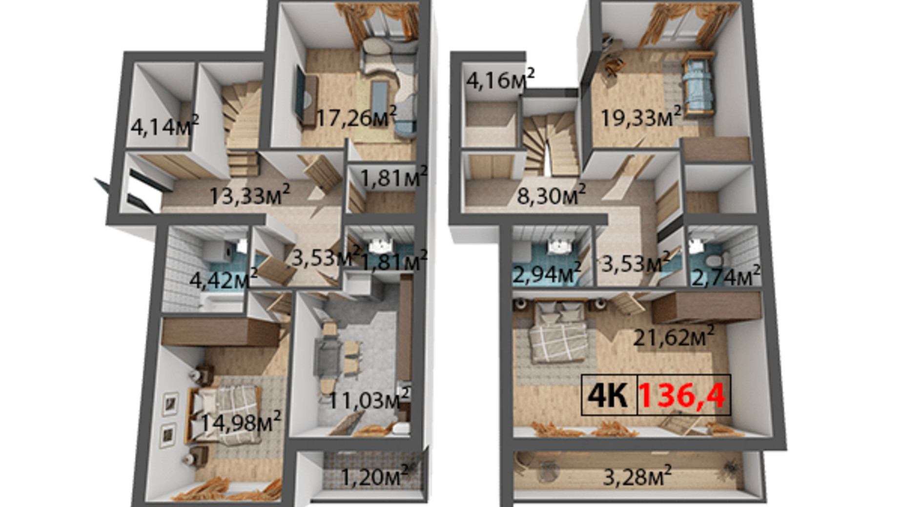 Планування багато­рівневої квартири в ЖК Стожари 136.4 м², фото 204378