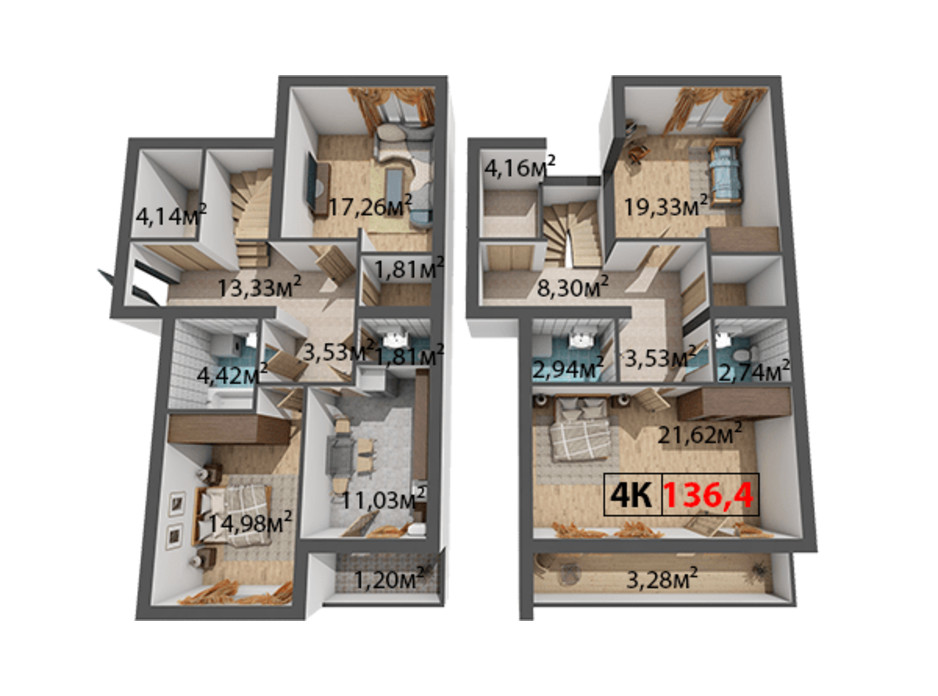 Планування 4-кімнатної квартири в ЖК Стожари 136.4 м², фото 204378 Планування 4-кімнатної квартири в ЖК Стожари 136.4 м², фото 204378