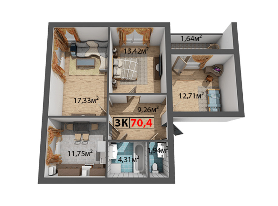 Планування 3-кімнатної квартири в ЖК Стожари 70.4 м², фото 204379 Планування 3-кімнатної квартири в ЖК Стожари 70.4 м², фото 204379
