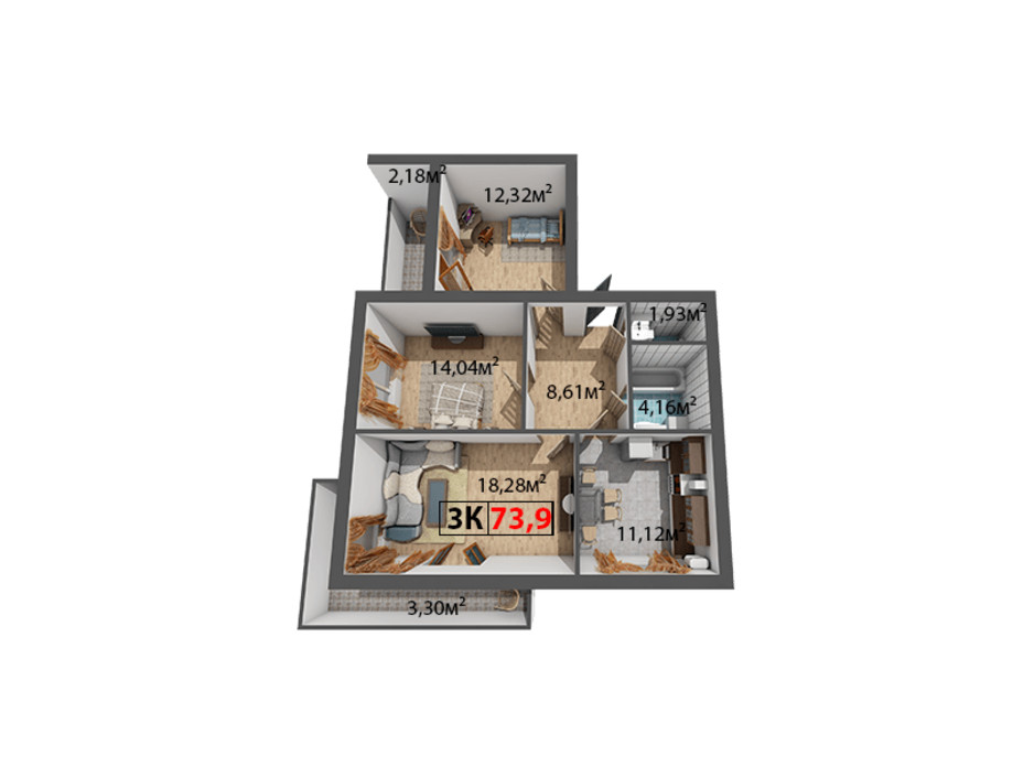 Планування 3-кімнатної квартири в ЖК Стожари 73.9 м², фото 204382 Планування 3-кімнатної квартири в ЖК Стожари 73.9 м², фото 204382