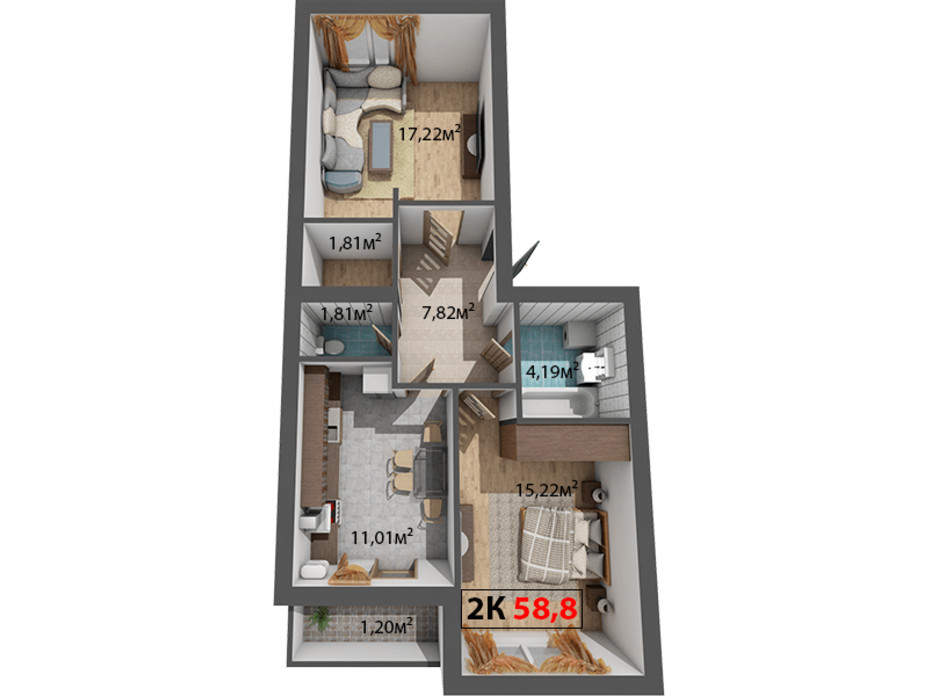 Планування 2-кімнатної квартири в ЖК Стожари 58.8 м², фото 204384 Планування 2-кімнатної квартири в ЖК Стожари 58.8 м², фото 204384