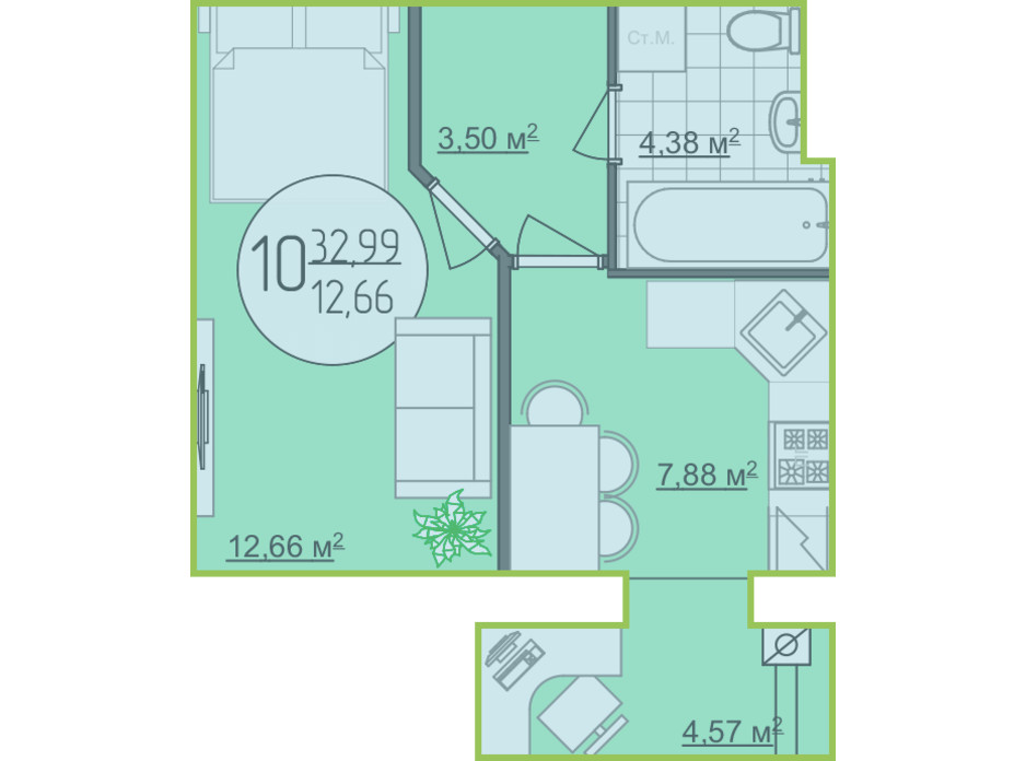 Планировка 1-комнатной квартиры в ЖК Кемпинг Сити 32.99 м², фото 204637 Планировка 1-комнатной квартиры в ЖК Кемпинг Сити 32.99 м², фото 204637