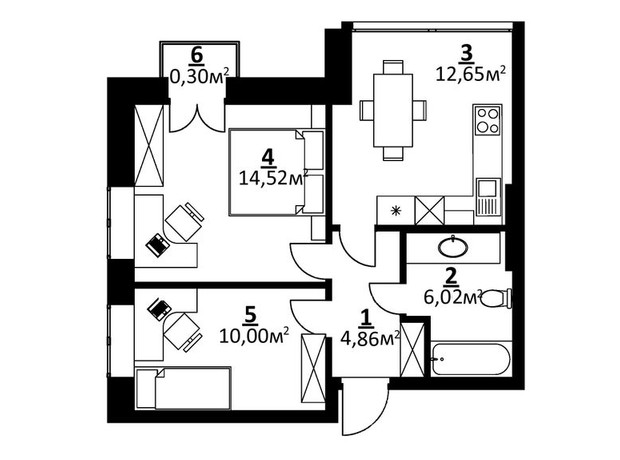 ЖК Білий Шоколад. City Lake: планування 2-кімнатної квартири 48.35 м²