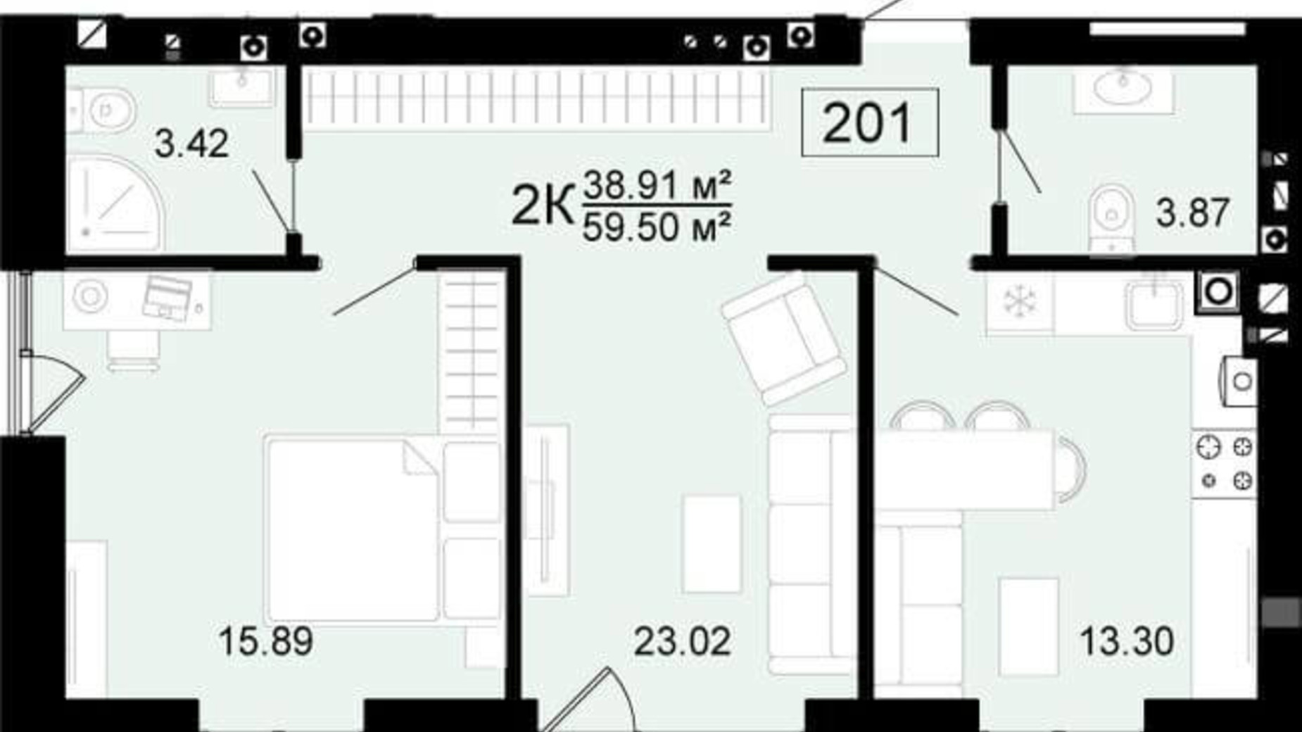Планировка 2-комнатной квартиры в ЖК Белый Шоколад. City Lake 59.1 м², фото 204783