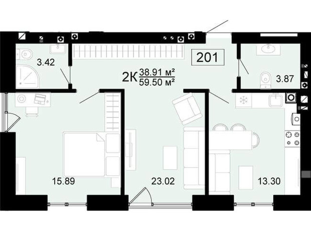 ЖК Белый Шоколад. City Lake: планировка 2-комнатной квартиры 59.1 м²