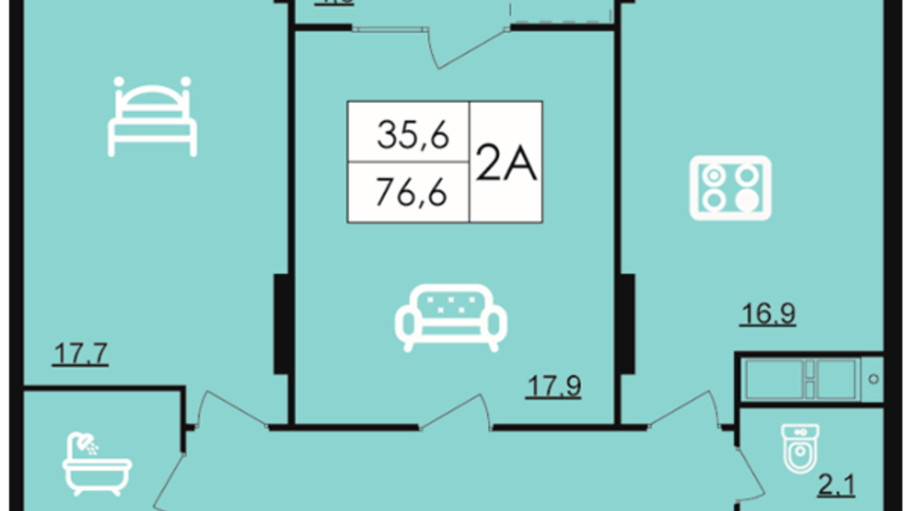 Планировка 2-комнатной квартиры в ЖК Лесопарковый 76.6 м², фото 204836