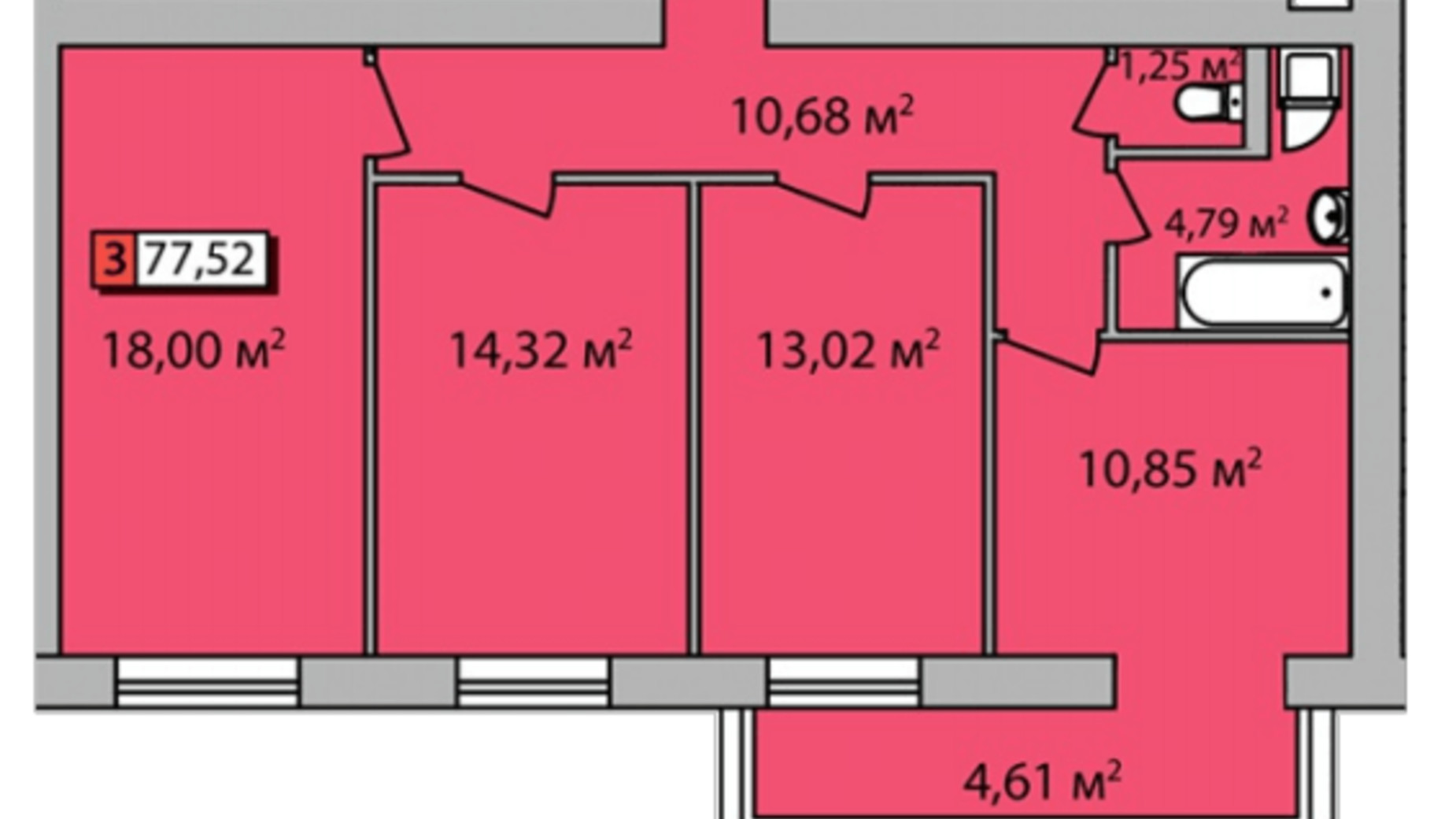 Планировка 3-комнатной квартиры в ЖК Парковый квартал 77.5 м², фото 204930