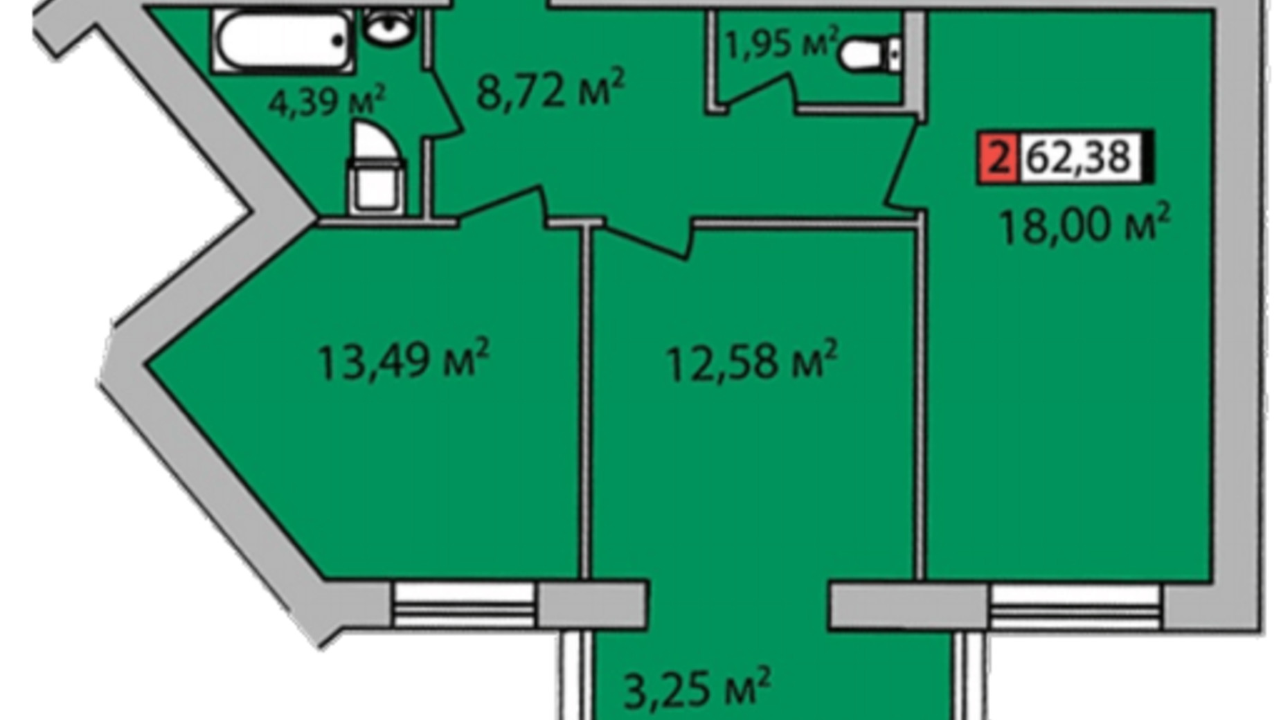 Планування 2-кімнатної квартири в ЖК Парковий квартал 62.38 м², фото 204935