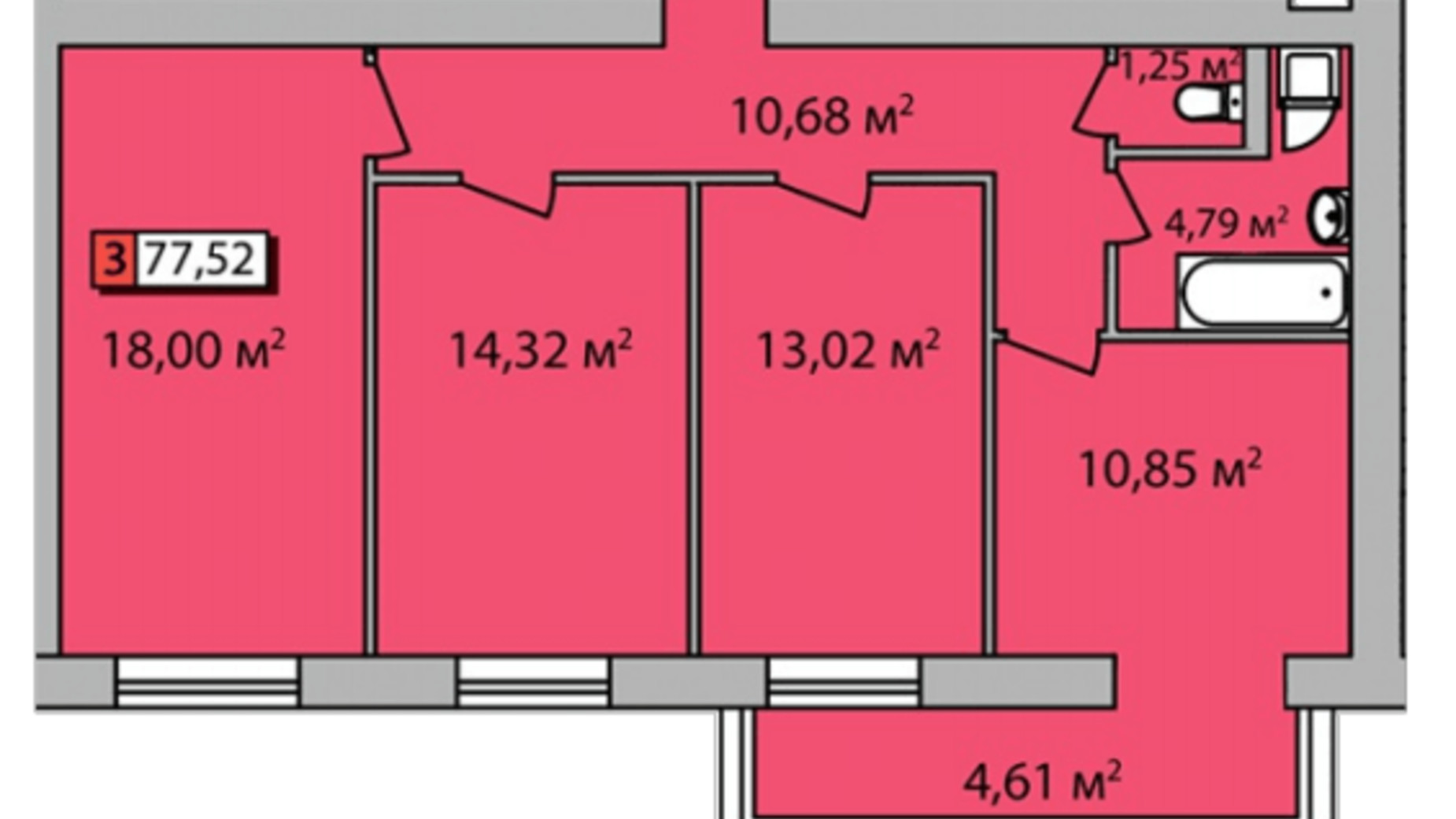 Планировка 3-комнатной квартиры в ЖК Парковый квартал 77.5 м², фото 204936