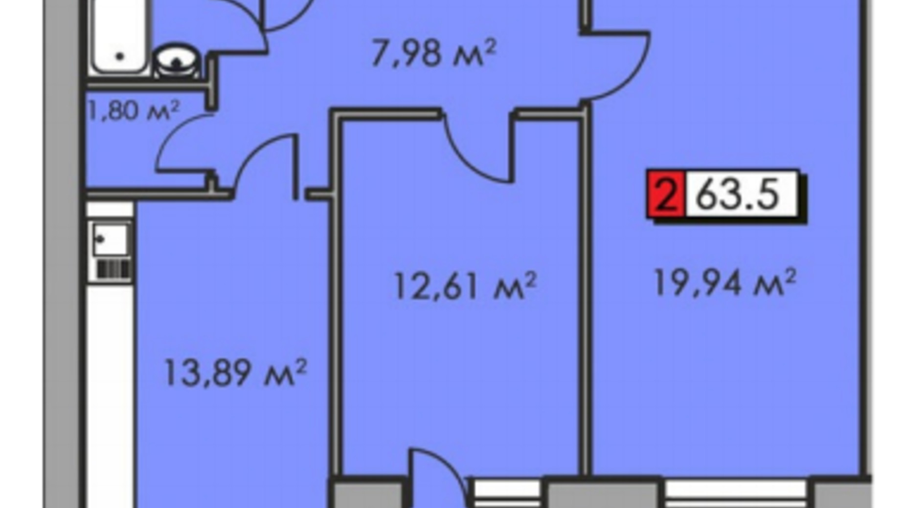 Планировка 2-комнатной квартиры в ЖК Парковый квартал 63.5 м², фото 204949