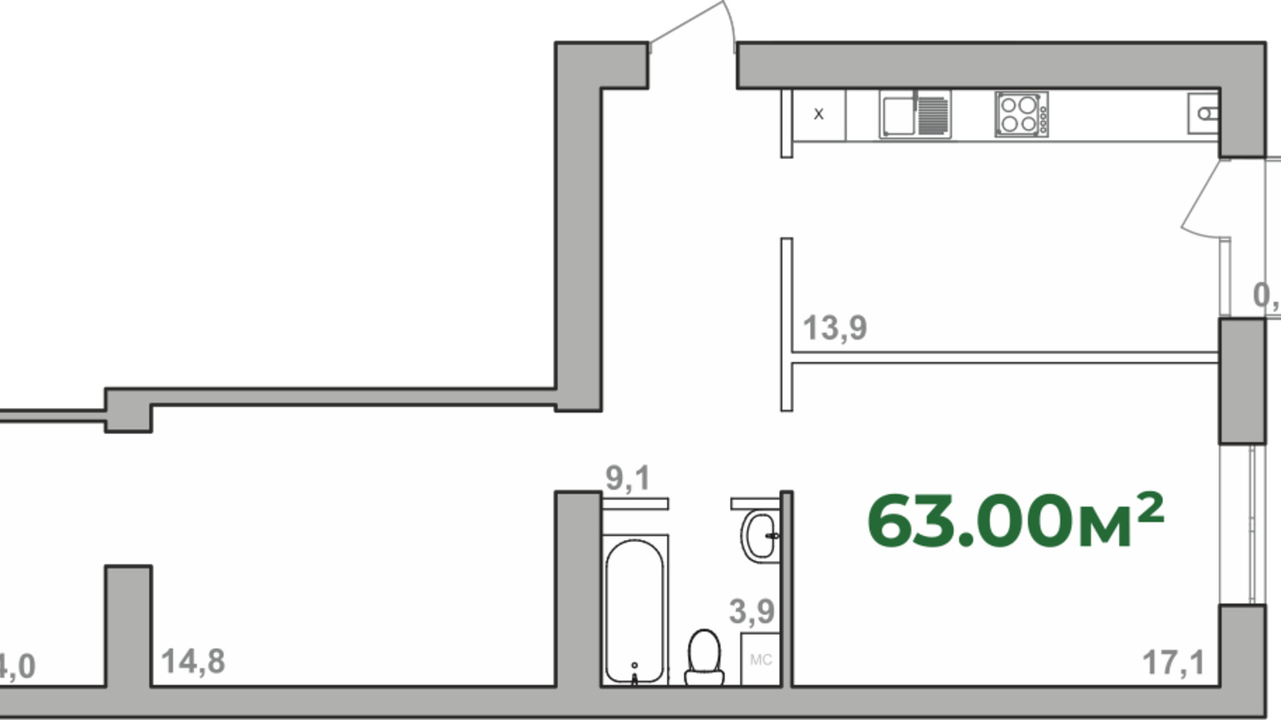 Планування 2-кімнатної квартири в ЖК Містечко Липки 63 м², фото 205069