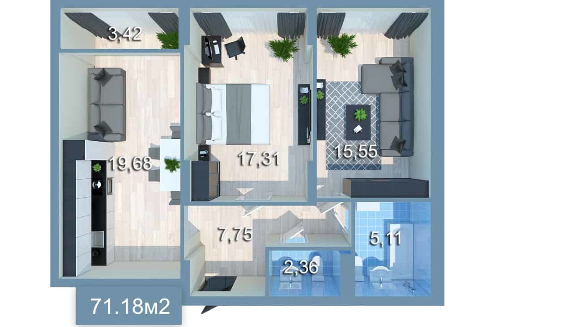 Планировка 2-комнатной квартиры в ЖК Star City 71.18 м², фото 205243