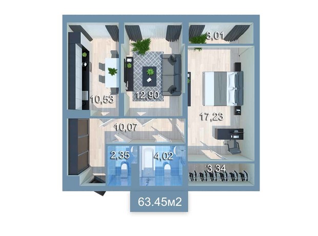 ЖК Star City: планування 2-кімнатної квартири 63.45 м²