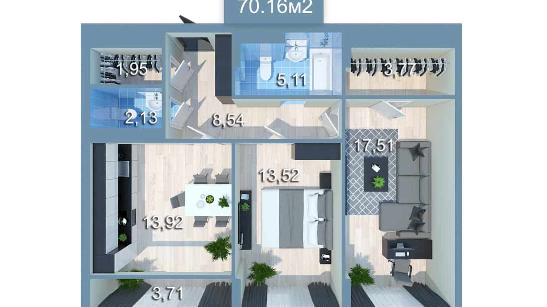 Планування 2-кімнатної квартири в ЖК Star City 69.5 м², фото 205279