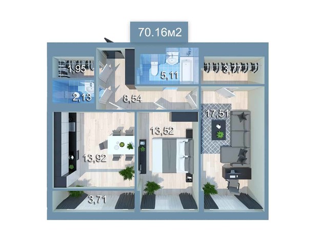 ЖК Star City: планировка 2-комнатной квартиры 69.5 м²
