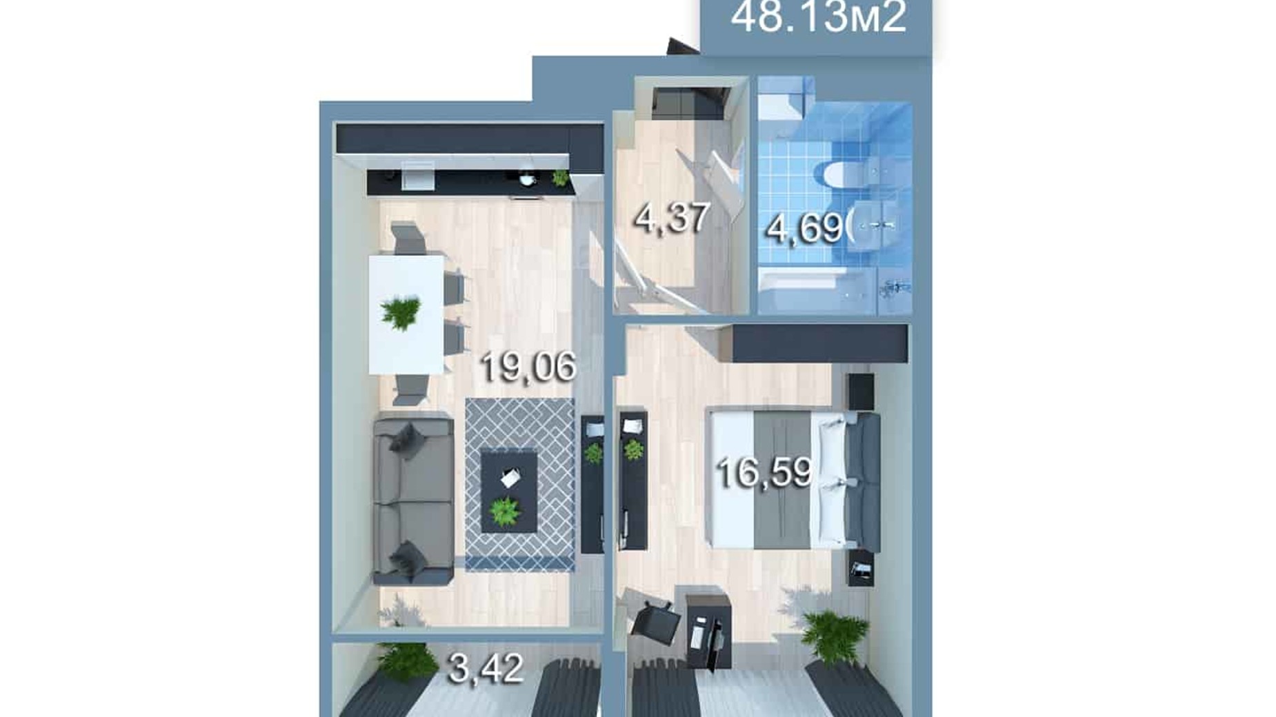 Планування 1-кімнатної квартири в ЖК Star City 48.13 м², фото 205282