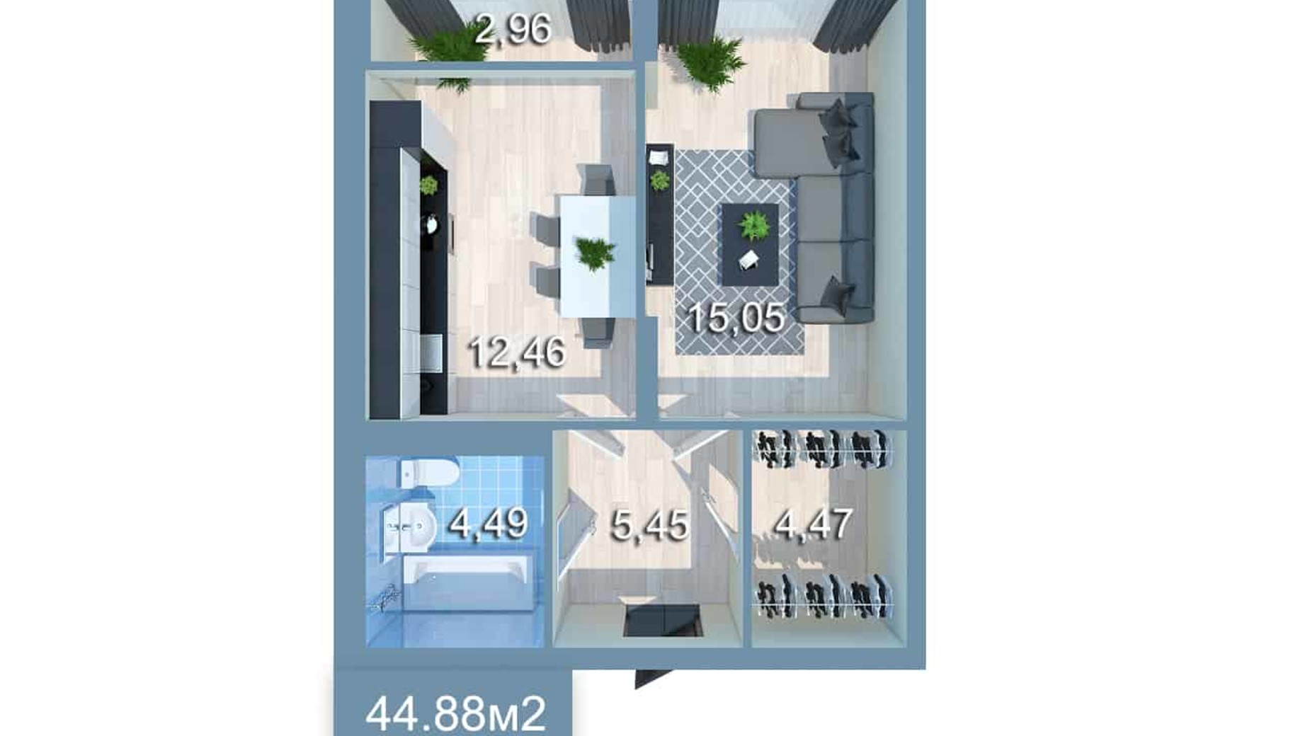 Планування 1-кімнатної квартири в ЖК Star City 45.21 м², фото 205299