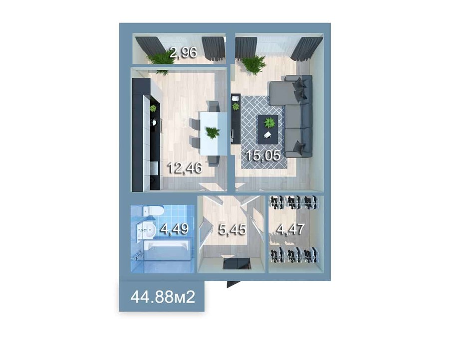 Планировка 1-комнатной квартиры в ЖК Star City 45.21 м², фото 205299 Планировка 1-комнатной квартиры в ЖК Star City 45.21 м², фото 205299