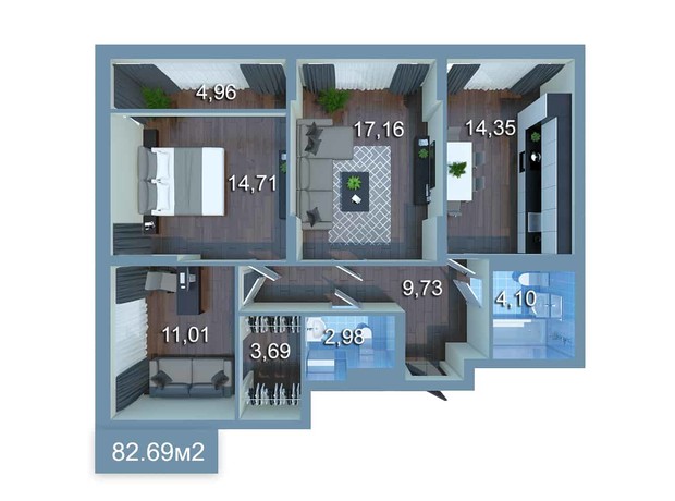 ЖК Star City: планування 3-кімнатної квартири 81.69 м²