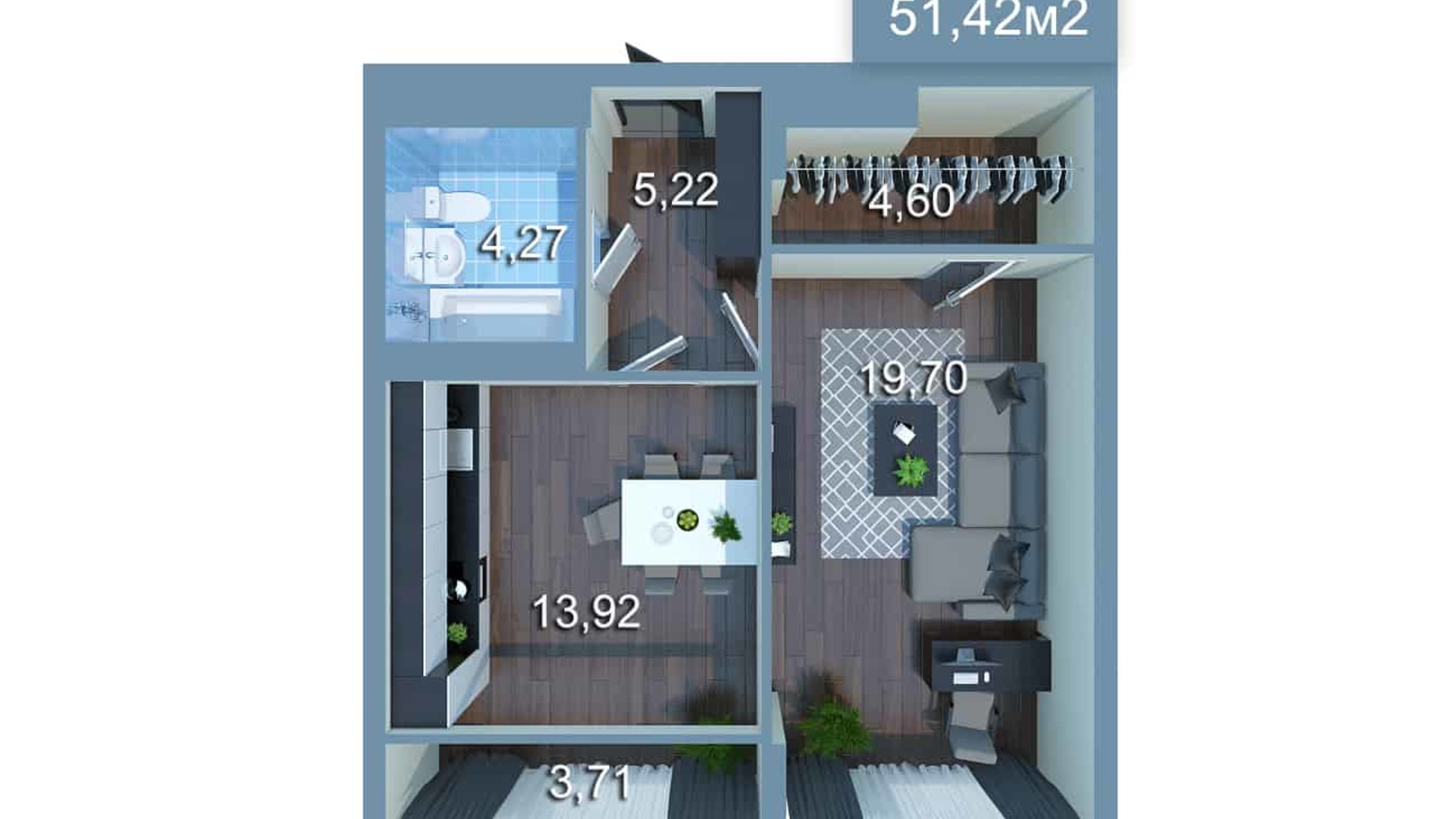 Планування 1-кімнатної квартири в ЖК Star City 51.42 м², фото 205340