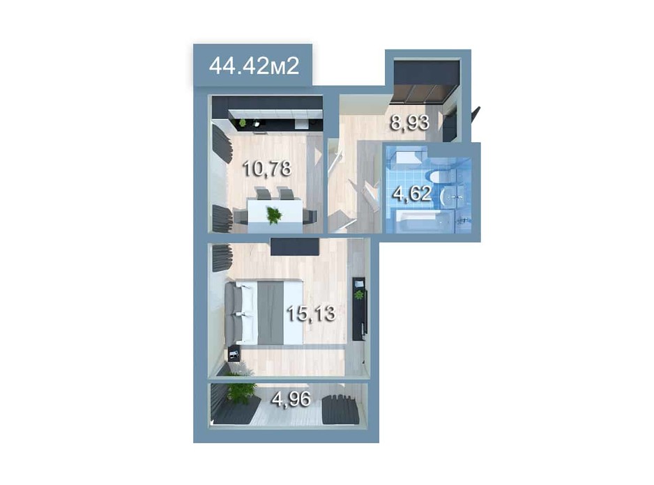 Планировка 1-комнатной квартиры в ЖК Star City 43.42 м², фото 205341 Планировка 1-комнатной квартиры в ЖК Star City 43.42 м², фото 205341