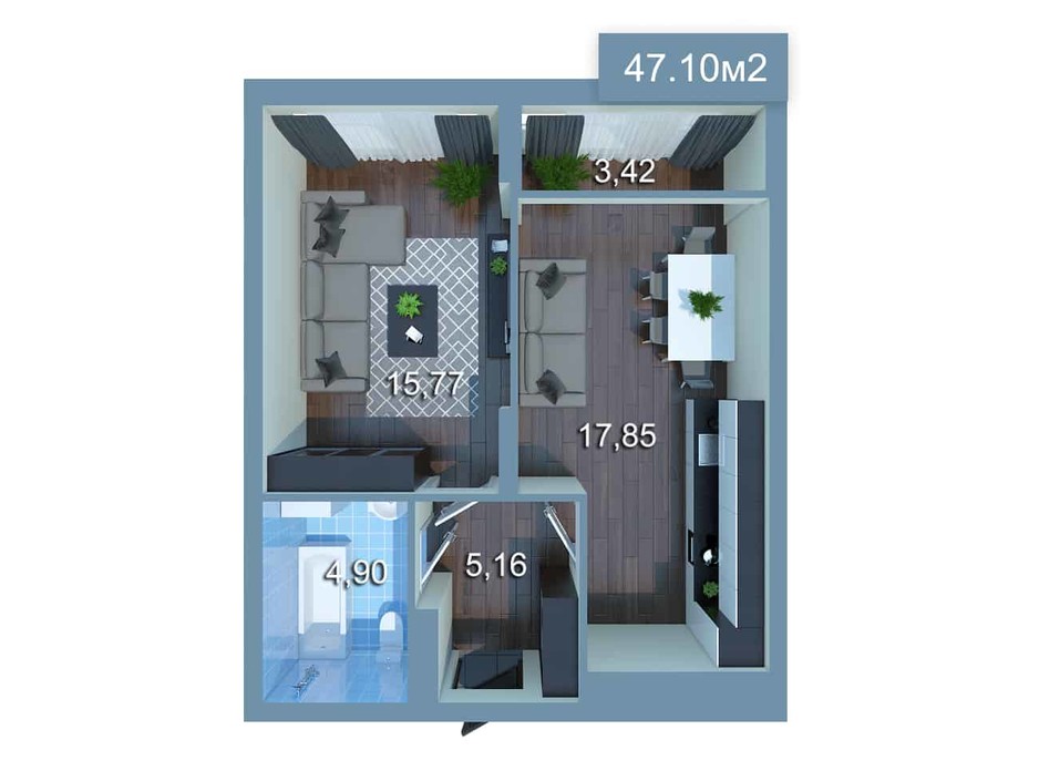Планировка 1-комнатной квартиры в ЖК Star City 47.1 м², фото 205343 Планировка 1-комнатной квартиры в ЖК Star City 47.1 м², фото 205343