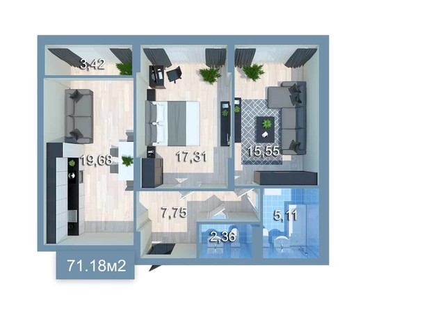 ЖК Star City: планування 2-кімнатної квартири 69.5 м²