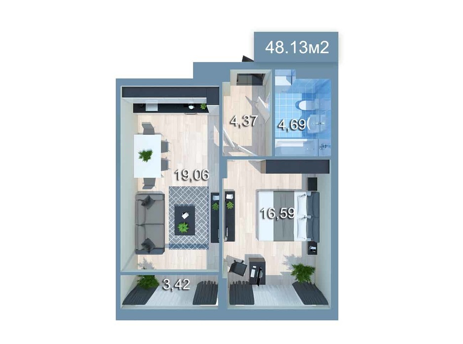 Планировка 1-комнатной квартиры в ЖК Star City 48.94 м², фото 205383 Планировка 1-комнатной квартиры в ЖК Star City 48.94 м², фото 205383