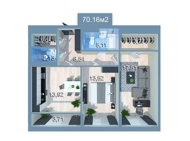 ЖК Star City: планировка 2-комнатной квартиры 72.06 м²