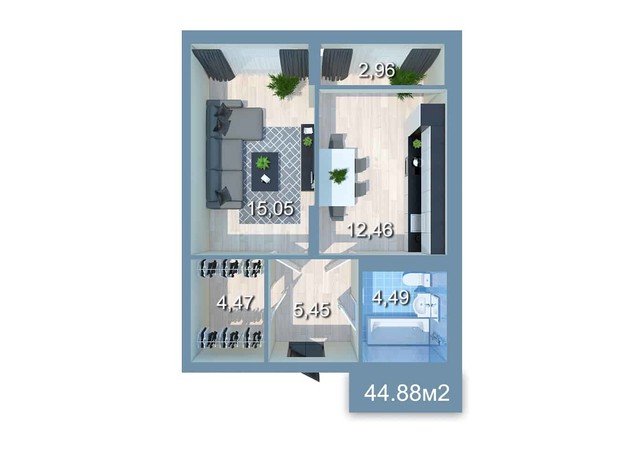 ЖК Star City: планування 1-кімнатної квартири 45.13 м²