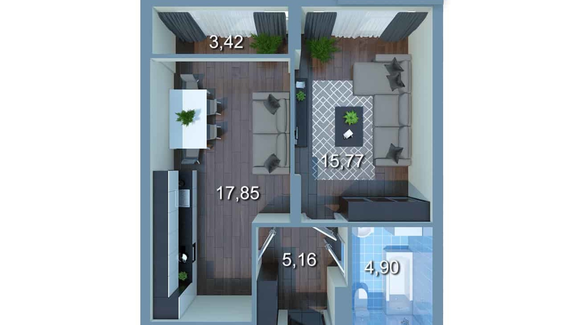 Планування 1-кімнатної квартири в ЖК Star City 47.38 м², фото 205529