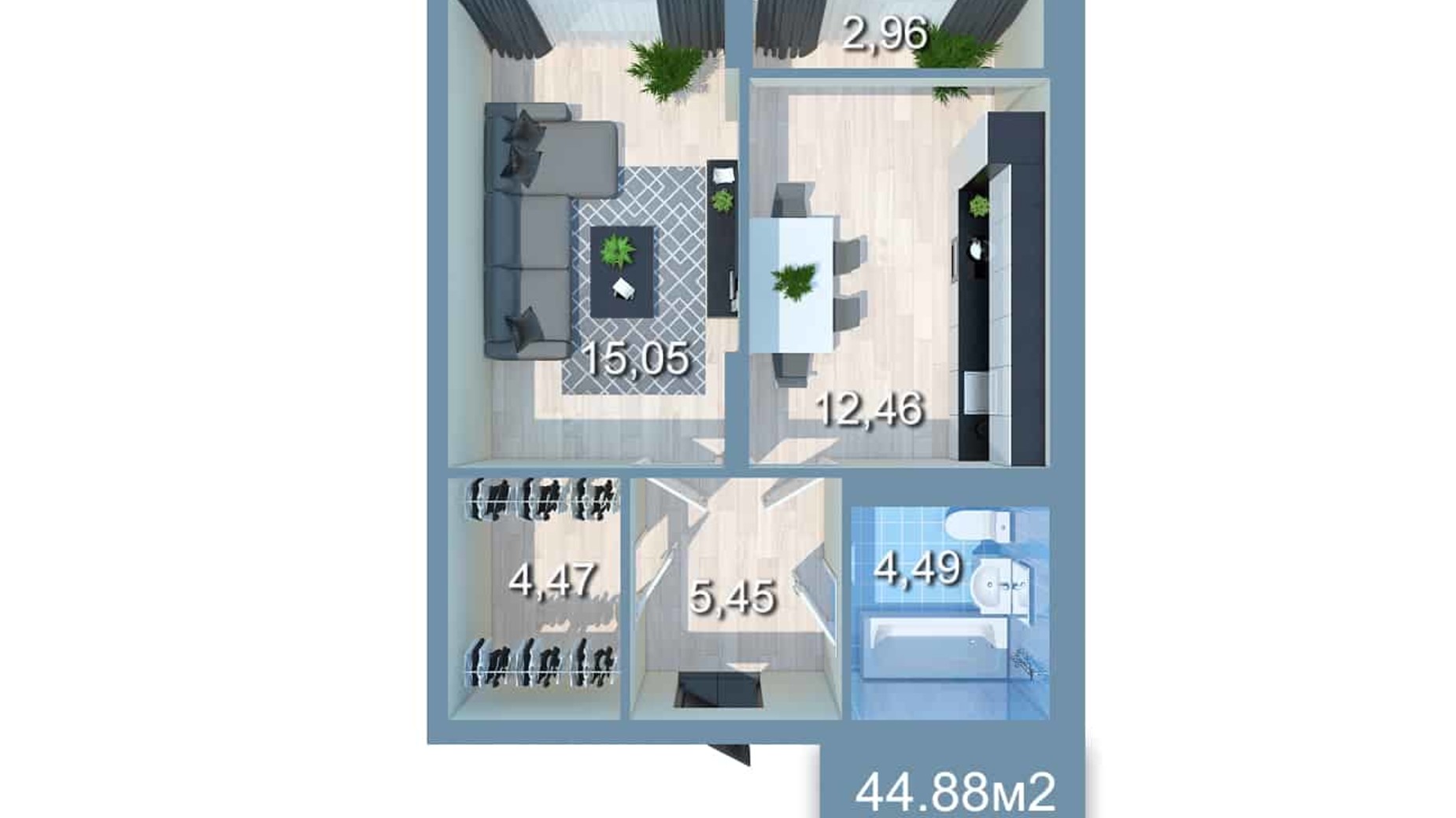 Планування 1-кімнатної квартири в ЖК Star City 45.65 м², фото 205531