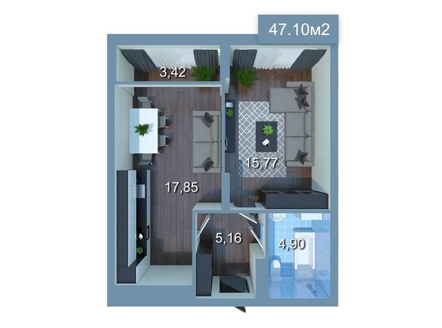ЖК Star City: планування 1-кімнатної квартири 46.69 м²