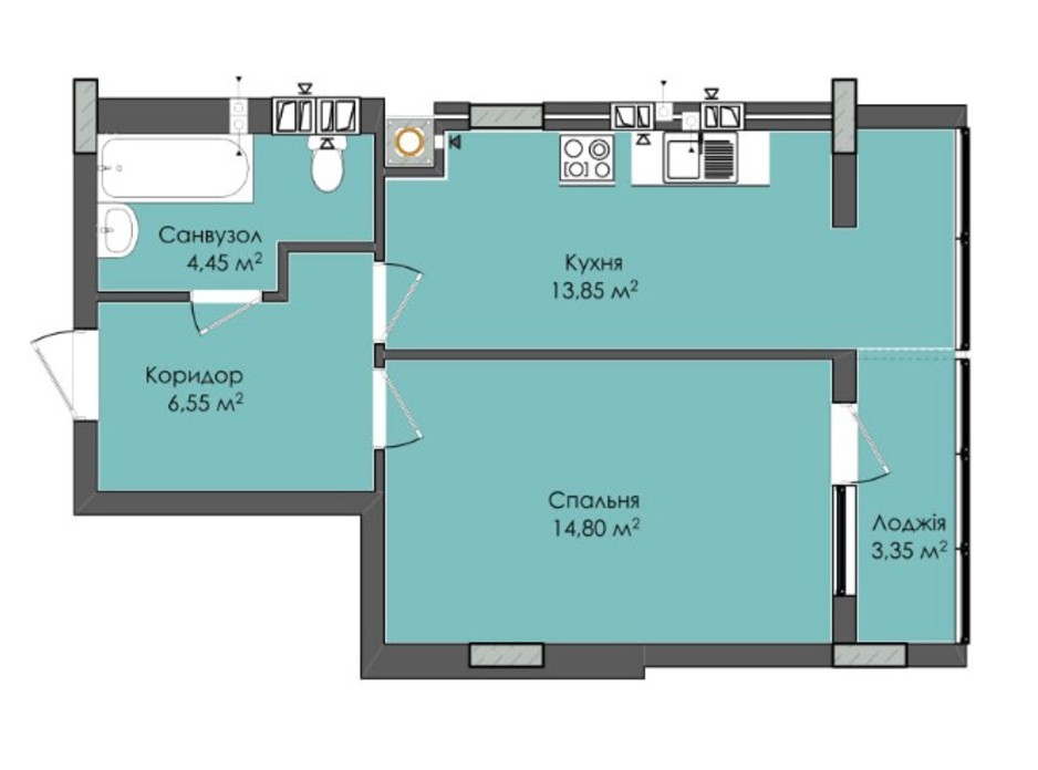 Планировка 1-комнатной квартиры в ЖК Комфорт Плюс 43.7 м², фото 205541 Планировка 1-комнатной квартиры в ЖК Комфорт Плюс 43.7 м², фото 205541